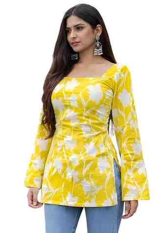 Rayon Floral Print Short Kurti for Women | Square Neck Long Sleeve Top for Women